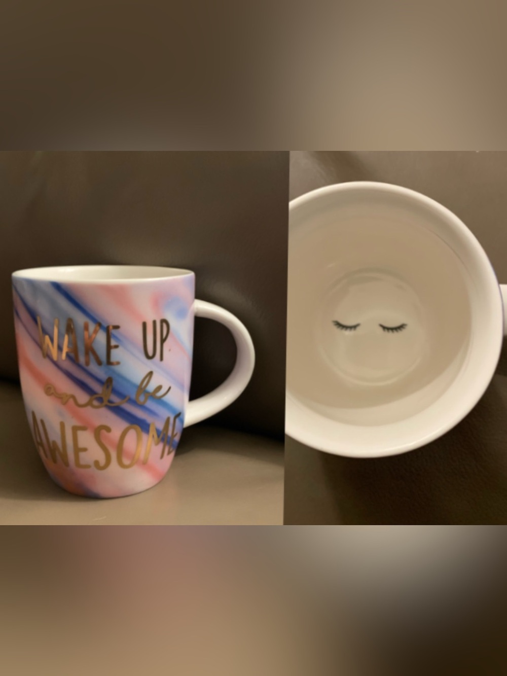 Icing Pastel Pink & Blue Swirl Mug with Gold Script “WAKE UP AND BE AWESOME”